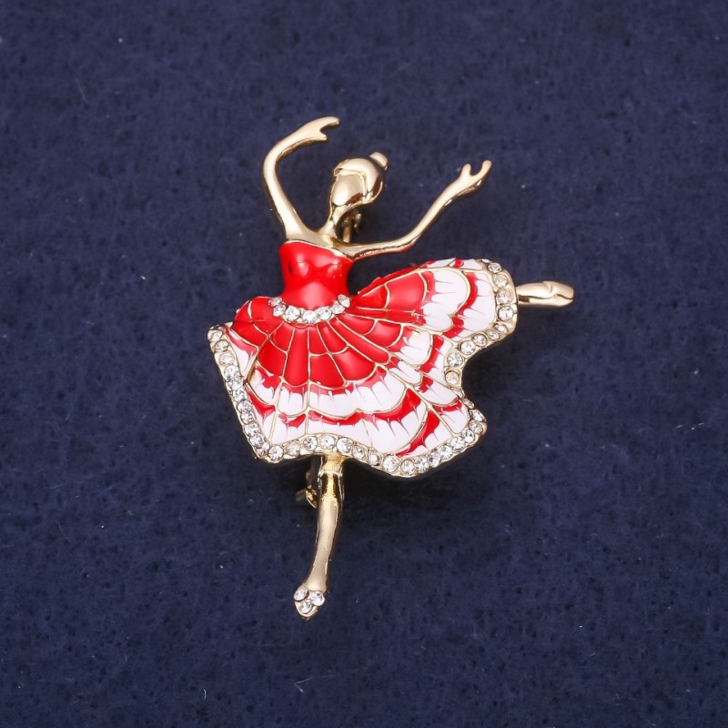 Brosche Ballerina rote Emaille, 50 × 34 mm, gelbes Metall