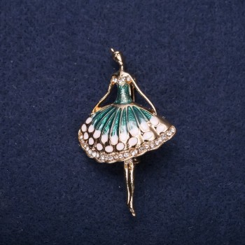 Ausverkauf! Brosche Ballerina grün-türkisfarbene Emaille 50×30 mm gelbes Metall