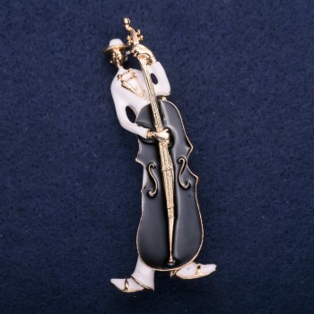 Ausverkauf! Brosche Musiker – weiße und schwarze Emaille, 67×26 mm, gelbes Metall