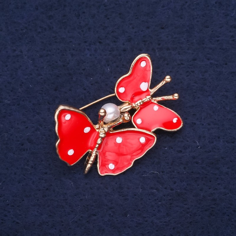 Sale! Brosche Schmetterlinge mit roter Emaille und gelbem Metall 32×26 mm