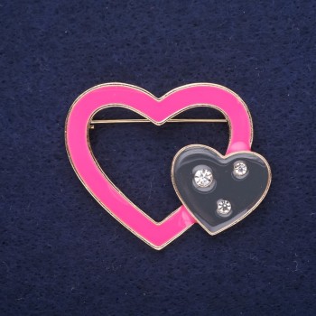 Ausverkauf! Herz-Brosche Emaille, Farbe Schwarz-Rosa, 45×37 mm, aus Gelbmetall