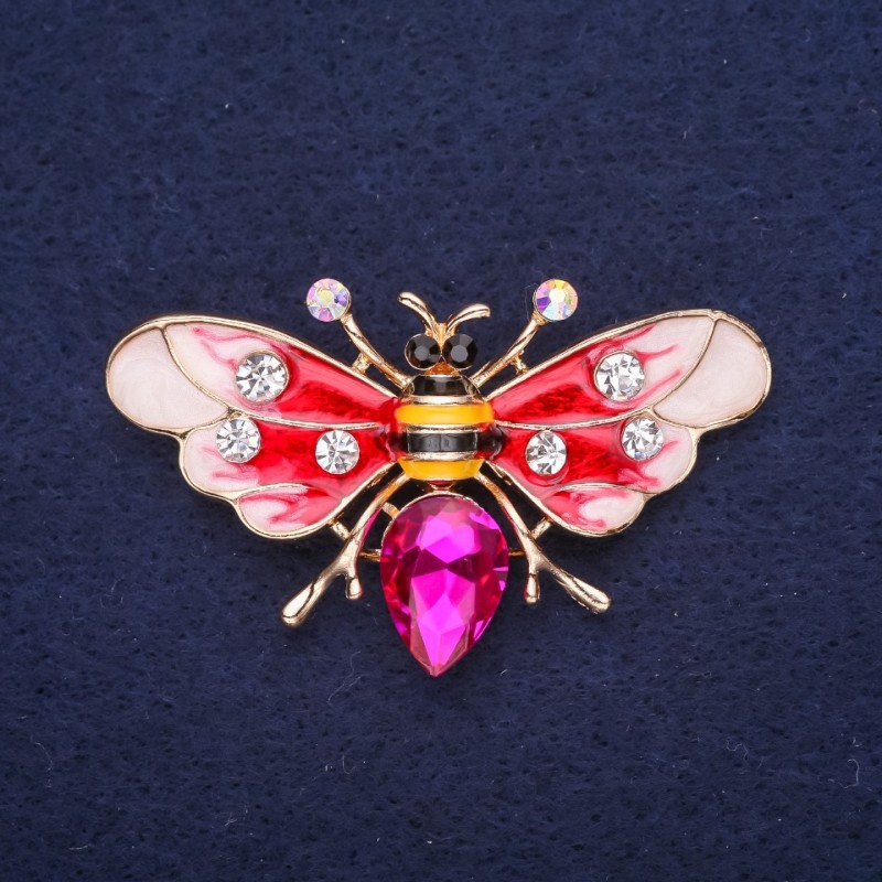Sale! Brosche Schmetterling-Bienen-Motiv, Emaille mit Stein, Strass, Farben Rot, Weiß, Gelb, Schwarz, Himbeerrot, 53×30 mm, goldfarben