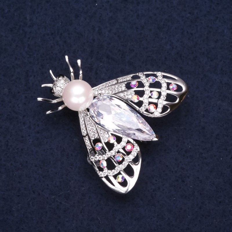 Ausverkauf! Brosche Schmetterling silberfarbenes Metall mit Perlen, Strasssteinen und Kristall 34×35 mm +