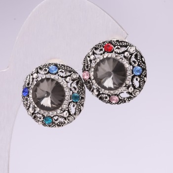 Abend-Ohrstecker mit Steinen und Strass in Grau, Rot, Blau oder Grün, 25 mm, silberfarbenes Metall