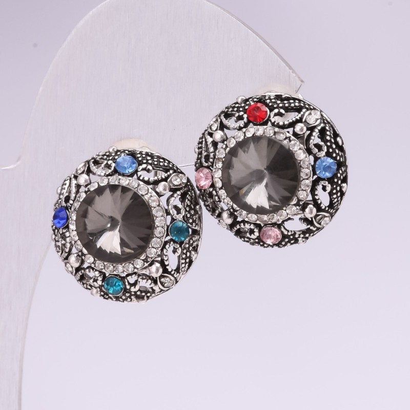 Abend-Ohrstecker mit Steinen und Strass in Grau, Rot, Blau oder Grün, 25 mm, silberfarbenes Metall