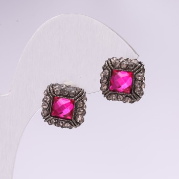 Abend-Ohrstecker mit Steinen und Strass, Farbe Himbeerrot und Grau, 14 mm, silbernes Metall