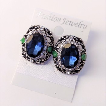 Abendohrringe Ohrstecker mit Stein und Strass, Farbe Blau-Grün-Weiß, 24 × 20 mm, silberfarbenes Metall