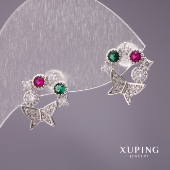 Ohrringe Xuping Ohrstecker Schmetterlinge mit Strasssteinen in Weiß, Grün und Himbeerton, 13×12 mm, rhodiniert