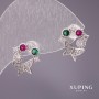 Ohrringe Xuping Ohrstecker Schmetterlinge mit Strasssteinen in Weiß, Grün und Himbeerton, 13×12 mm, rhodiniert