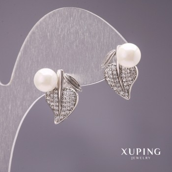 Ohrringe Xuping Blätter mit Mallorca-Perlen, Farbe Weiß, 17 × 13 mm, rhodiniert