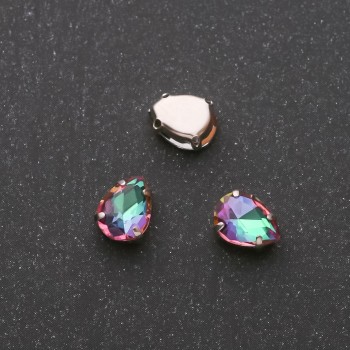 Aufgenähter Tropfenkristall, 6×8 mm, Grün-Himbeerfarben – Preis pro Packung / 10 Stück
