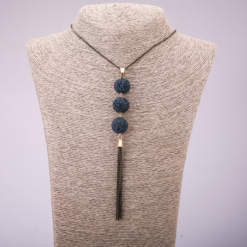 Anhänger „Trio“ mit blauen Strasssteinen an langer Kette aus Metall „Schwarzgold“, Durchmesser 16 x 155 mm, Länge 70 cm