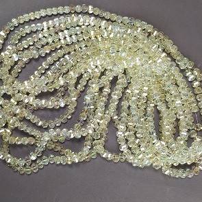 Kristallperlen im Swarovski-Stil, gelb-transparent, facettierte Kugeln mit petrolfarbenem Glanz, Durchmesser 5 × 4 mm, Fadenlänge 48 cm