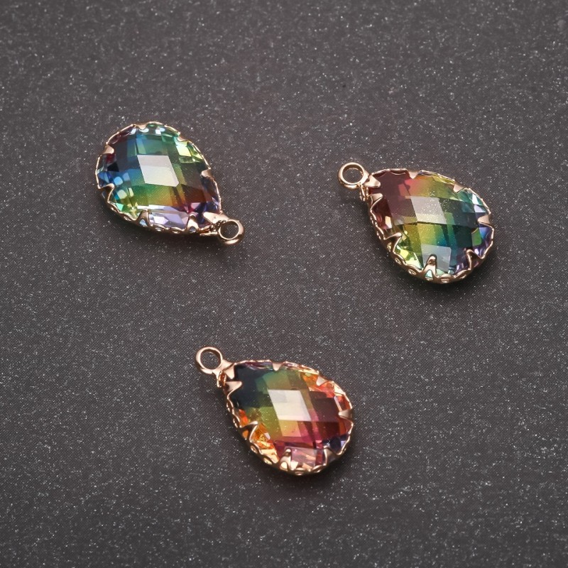 Tropfenanhänger, Regenbogenfarben, goldfarbene Fassung 10 × 17 mm