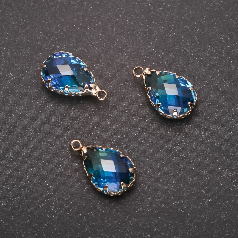 Tropfenanhänger blau in goldfarbener Fassung, 10 × 17 mm