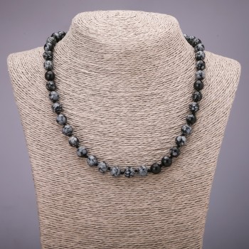Halskette aus Schneeflocken-Obsidian mit Apache-Tränen, glatte Kugeln, Durchmesser 8 mm, Länge 48 cm