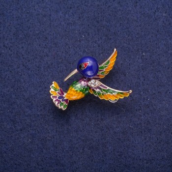 Ausverkauf! Kolibri-Brosche mit Emaille und Strasssteinen, goldfarbenes Metall 25×35 mm