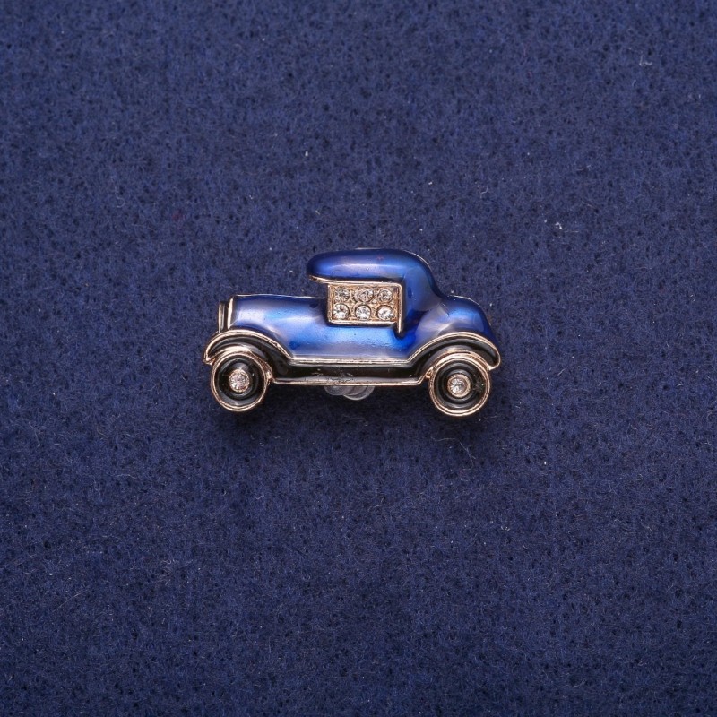 Brosche Auto blau-schwarz Emaille mit Strasssteinen, goldfarbenes Metall 17×29 mm