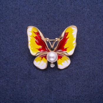 Ausverkauf! Brosche 'Schmetterling' mit einer Perle und Emaille, 30×35 mm, goldfarbenes Metall