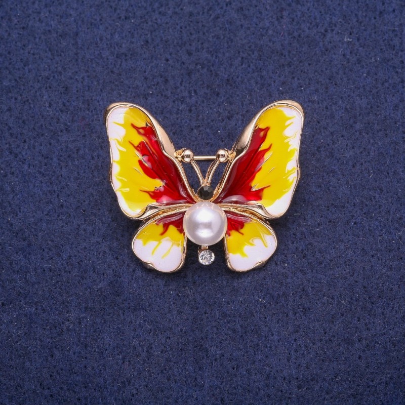 Ausverkauf! Brosche 'Schmetterling' mit einer Perle und Emaille, 30×35 mm, goldfarbenes Metall