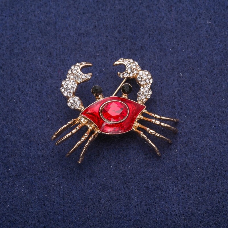 Ausverkauf! Brosche Krabbe rote Emaille und Strasssteine, goldfarbenes Metall 30×40 mm
