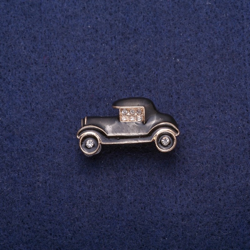 Brosche Auto schwarz emailliert mit Strass, goldfarbenes Metall 17×29 mm