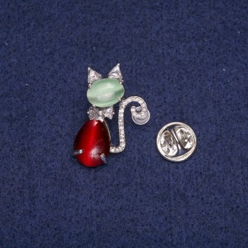 Ausverkauf! Katzen-Brosche mit Katzenaugen-Cabochon und Strass, silberfarbenes Metall 18×29 mm