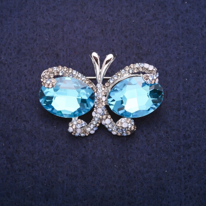 Sonderangebot! Brosche Schmetterling mit blauen Kristallen, silbernes Metall 26×38 mm