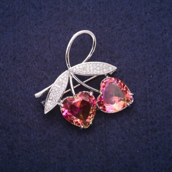 Ausverkauf! Brosche Zweig mit gelb-rosafarbenen Kristallen im Stil von Swarovski, silberfarbiges Metall 35×37 mm