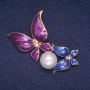 Ausverkauf! Brosche Schmetterlinge mit Emaille und Perle, goldfarbenes Metall 50×65 mm