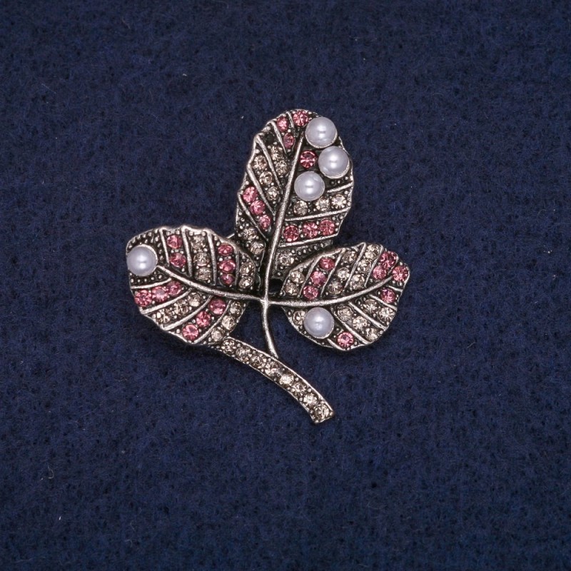 Sale! Brosche Blätter am Zweig mit Perlen, weißen und rosa Strasssteinen, silbergraues Metall 29×32 mm