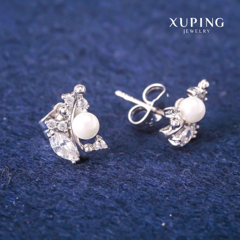 Xuping-Ohrstecker mit weißen Kristallen und Mallorca-Perle, Ø 8 x 13 mm, Rhodiumbeschichtung