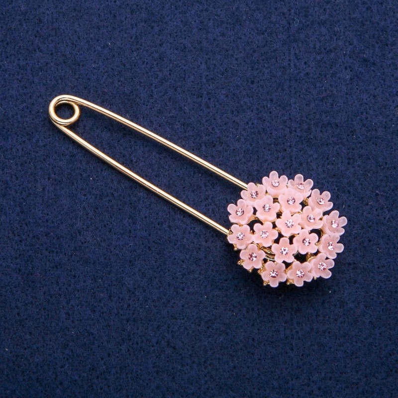 Brosche Hortensie Rosa mit Kristallen, 29 × 78 mm, goldfarbenes Metall