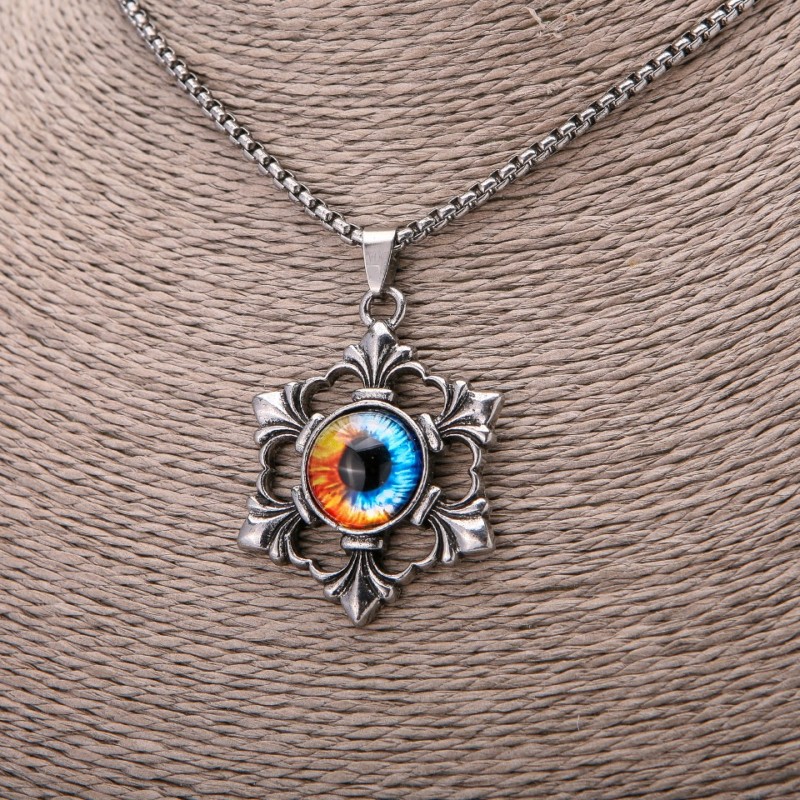 Farbiges Drachenauge-Anhänger, 35×53 mm, mit Kette, Länge 65 cm, Metallfarbe Silber