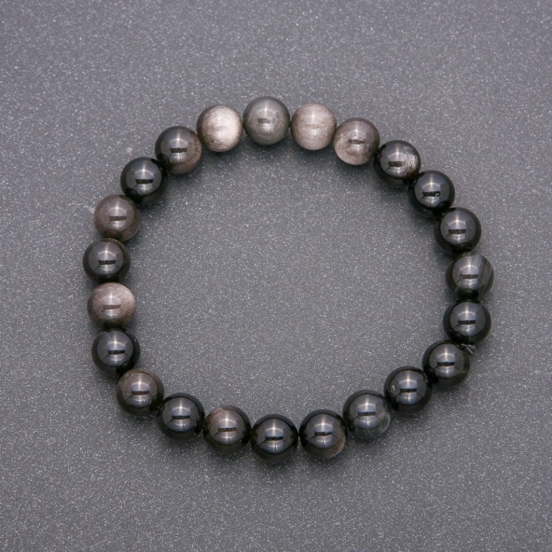 Armband aus silberglänzendem Obsidian auf elastischem Band, glatte Kugeln, Durchmesser ca. 8 mm, Länge ca. 18 cm