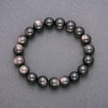 Armband aus natürlichem Stein, silberner Obsidian, auf elastischem Band, glatte Kugeln, Durchmesser ca. 10 mm, Länge 18 cm
