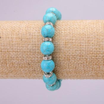 Armband aus künstlichem Türkis auf Elastikband, Durchmesser 10 mm ±, Länge 18 cm, mit Einsätzen und Strasssteinen
