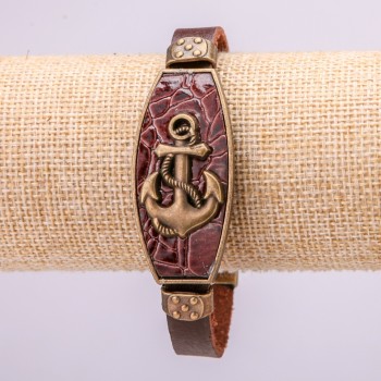 Ankerarmband mit Metall-Einsätzen, Länge 21 cm, Dicke 20 mm, Öko-Leder, Braun, mit Verschluss