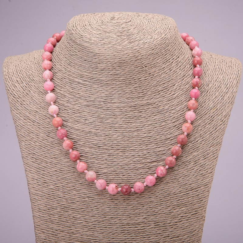 Kette aus Rhodonit, Naturstein, glatte Kugeln, Durchmesser ca. 8 mm, Länge 45 cm