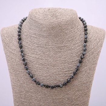 Halskette aus natürlichem Schneeflocken-Obsidian Apache-Tränen – glatte Kugeln, Durchmesser ca. 6 mm, Länge 48 cm