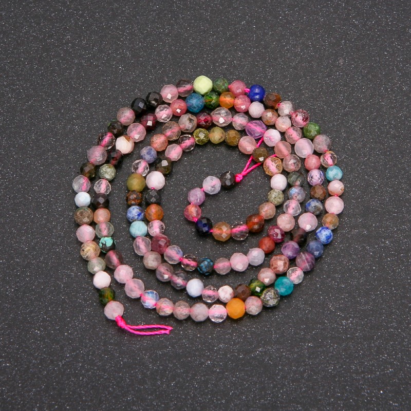 Naturstein-Perlen assortiert auf Schnur, facettierte Kugeln, Durchmesser 3 mm, Länge 38 cm