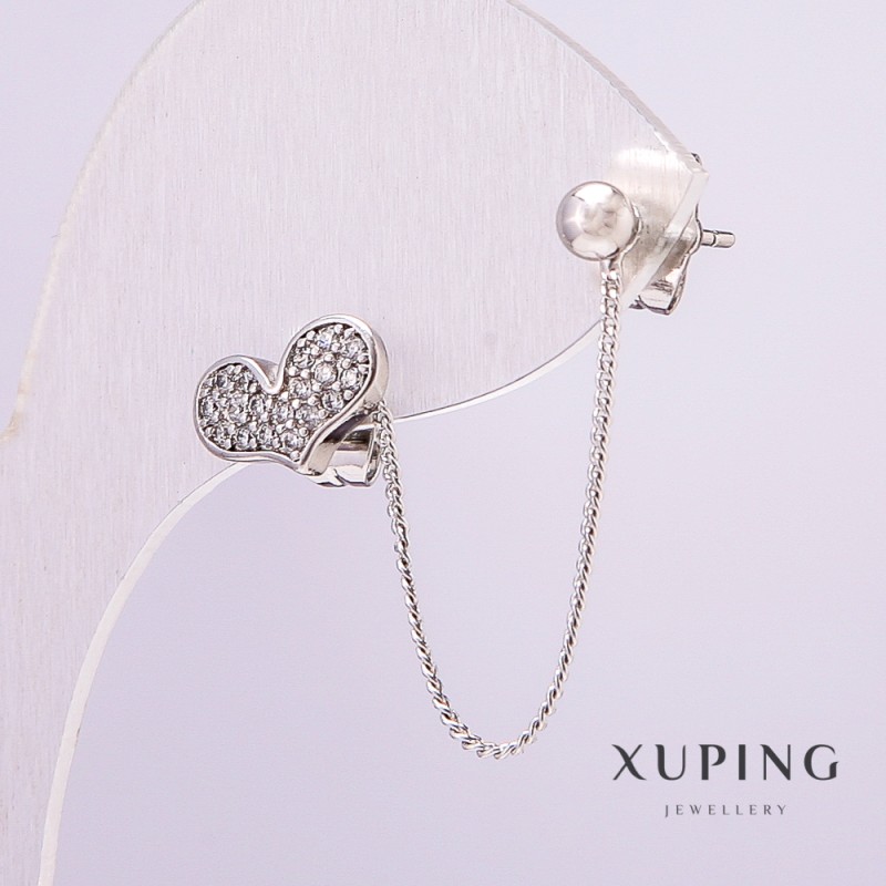 Xuping Rhodium-Herzohrring für ein Ohr, Herzform 11×7 mm, mit weißen Strasssteinen auf einer Kette, Länge 44 mm, Kugel 4 mm, +