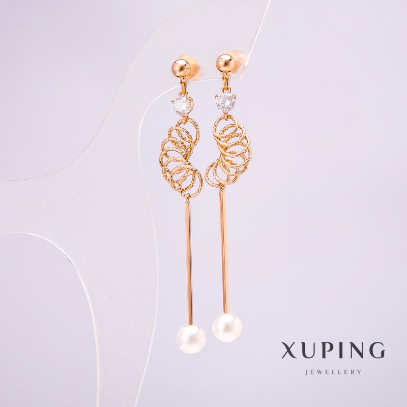 Xuping Ohrringe 18K-Vergoldung mit Mallorca-Perle und weißem Stein, Länge 77 mm +