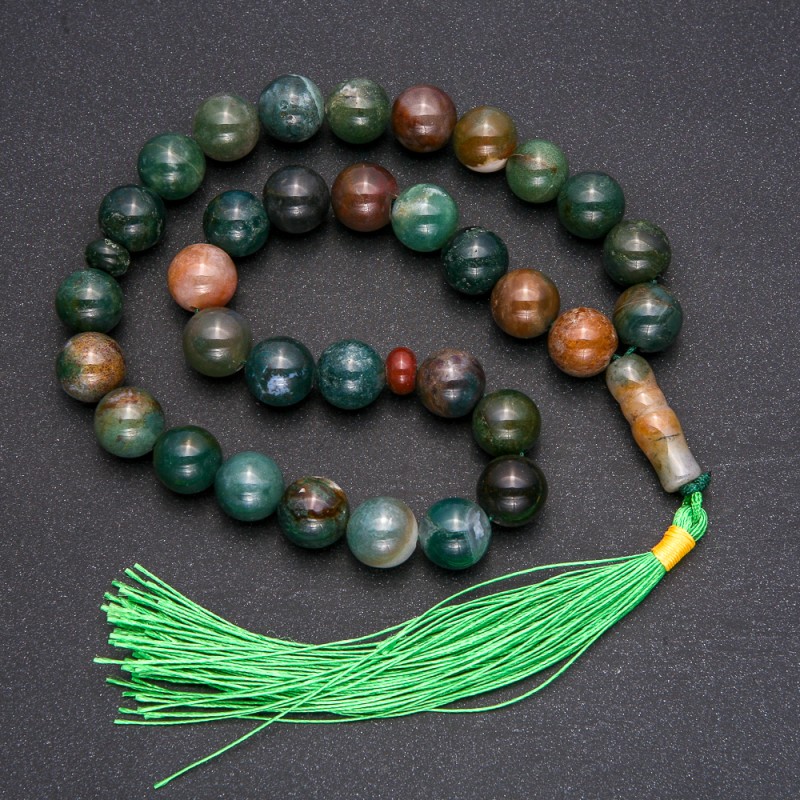 Gebetsketten aus Naturstein Grüner Jaspis, 33 Perlen, glatte Kugeln, Durchmesser ca. 12 mm, Einsätze aus Grüner Jaspis