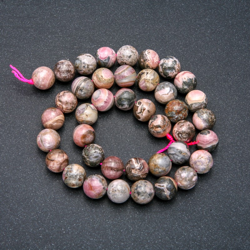 Rhodochrosit-Perlen auf einer Schnur aus natürlichem Stein, glatte Kugeln, Durchmesser 10 mm, Länge 39 cm