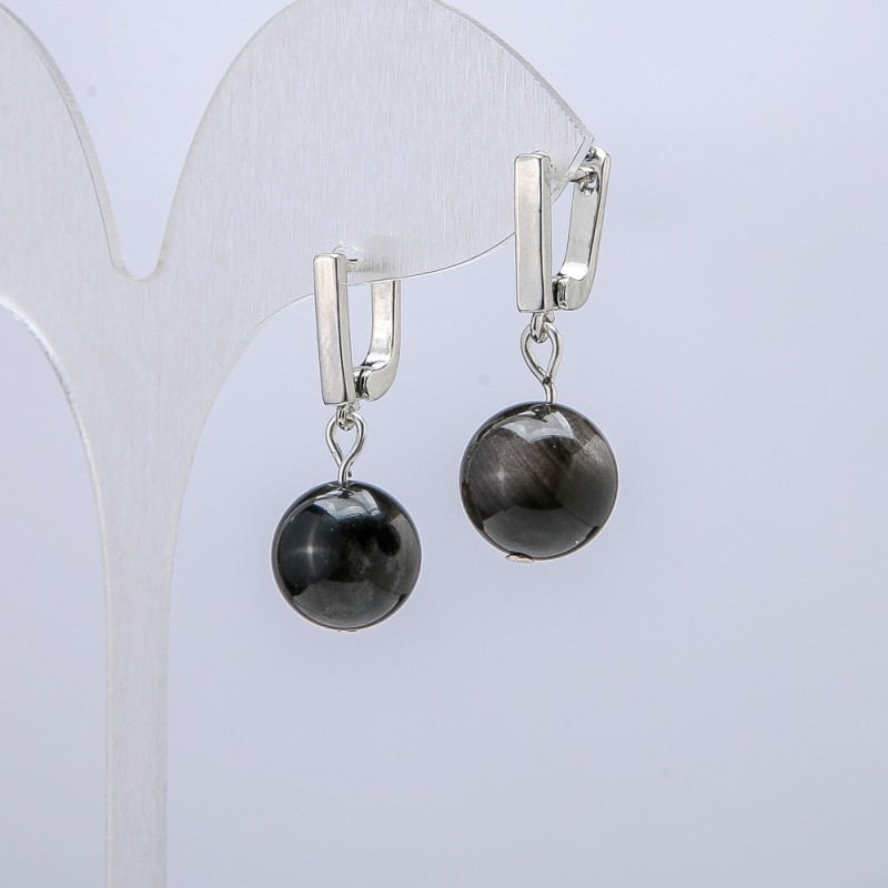 Ohrringe aus silbernem Obsidian, Durchmesser 12 mm, Länge 30 mm +