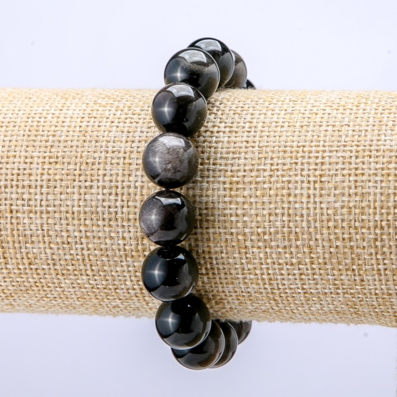 Armband aus natürlichem Obsidian, silbergrau, glatte Kugeln, Durchmesser 12 mm, Länge 18 cm (+)