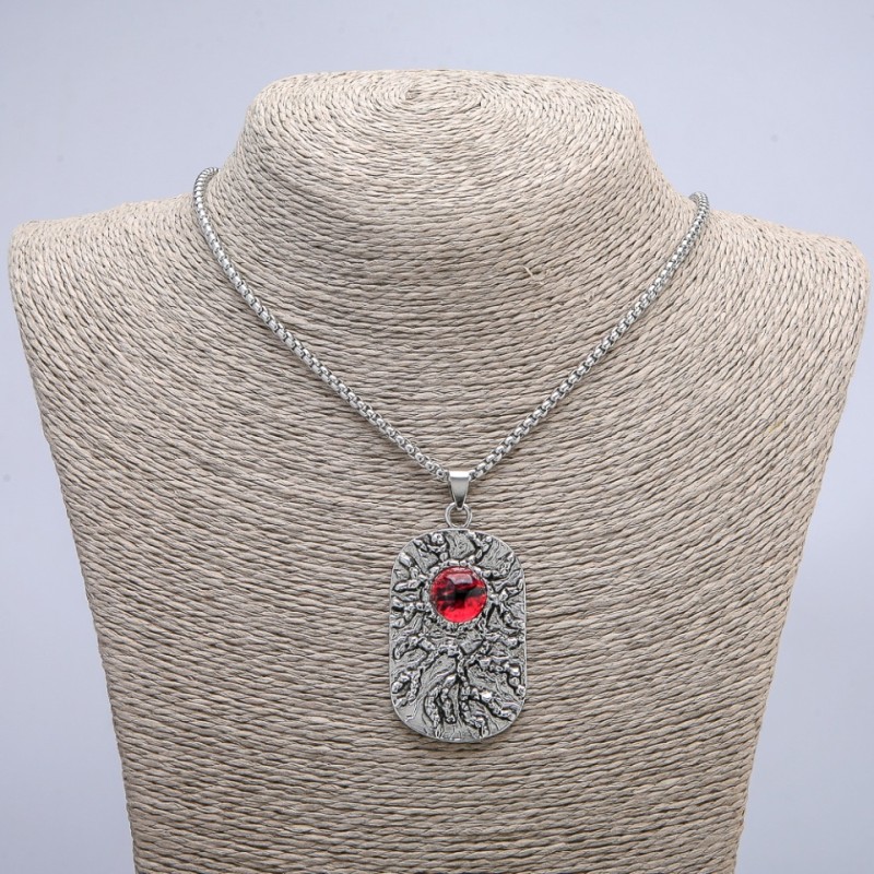 Anhänger mit Drachenauge, 60 × 30 mm an Kette, Länge ca. 70 cm, silberfarbenes Metall