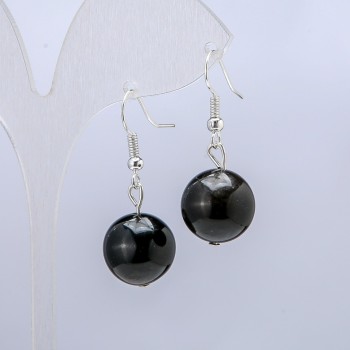 Ohrringe aus silberglänzendem Obsidian, Durchmesser ca. 14 mm, Länge ca. 30 mm