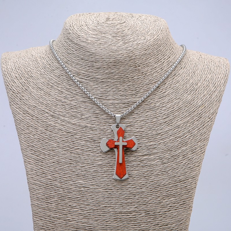 Kreuzanhänger 55×30 mm an Kette, Länge 65 cm, silberfarbenes Metall, Holz